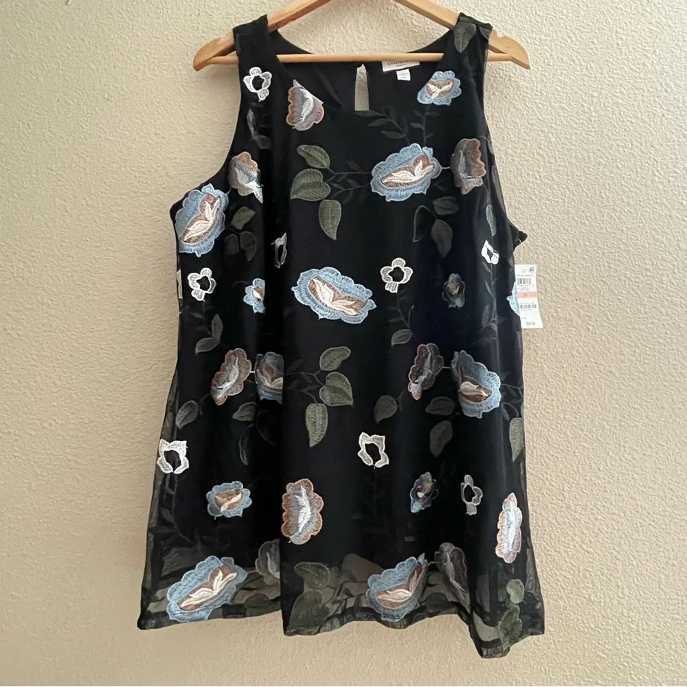 Charter Club semi sheer Black Floral Embroidered Mesh Tank Blouse Top‎